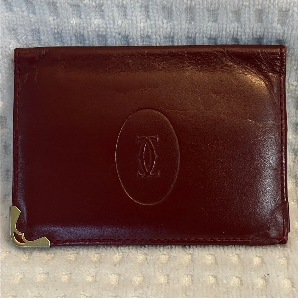 Cartier Burgundy Leather Card Holder with Gold Corner